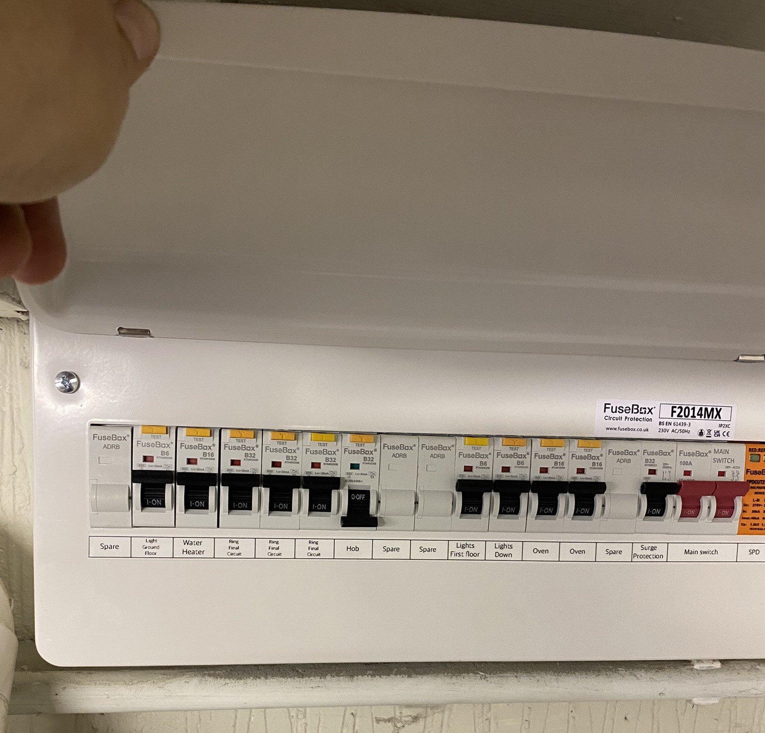Consumer unit with surge protection device, type A RCBOs. 